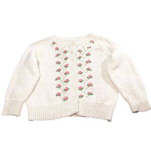 Vintage Girls Cardigan Sweater Handmade White Pink Embroidered Flowers Buttons